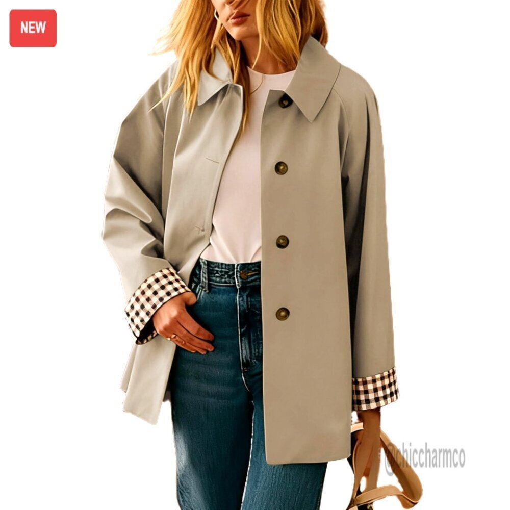 Oversized Trench Coat with Plaid Lining, Button Front, Water-Repellent
